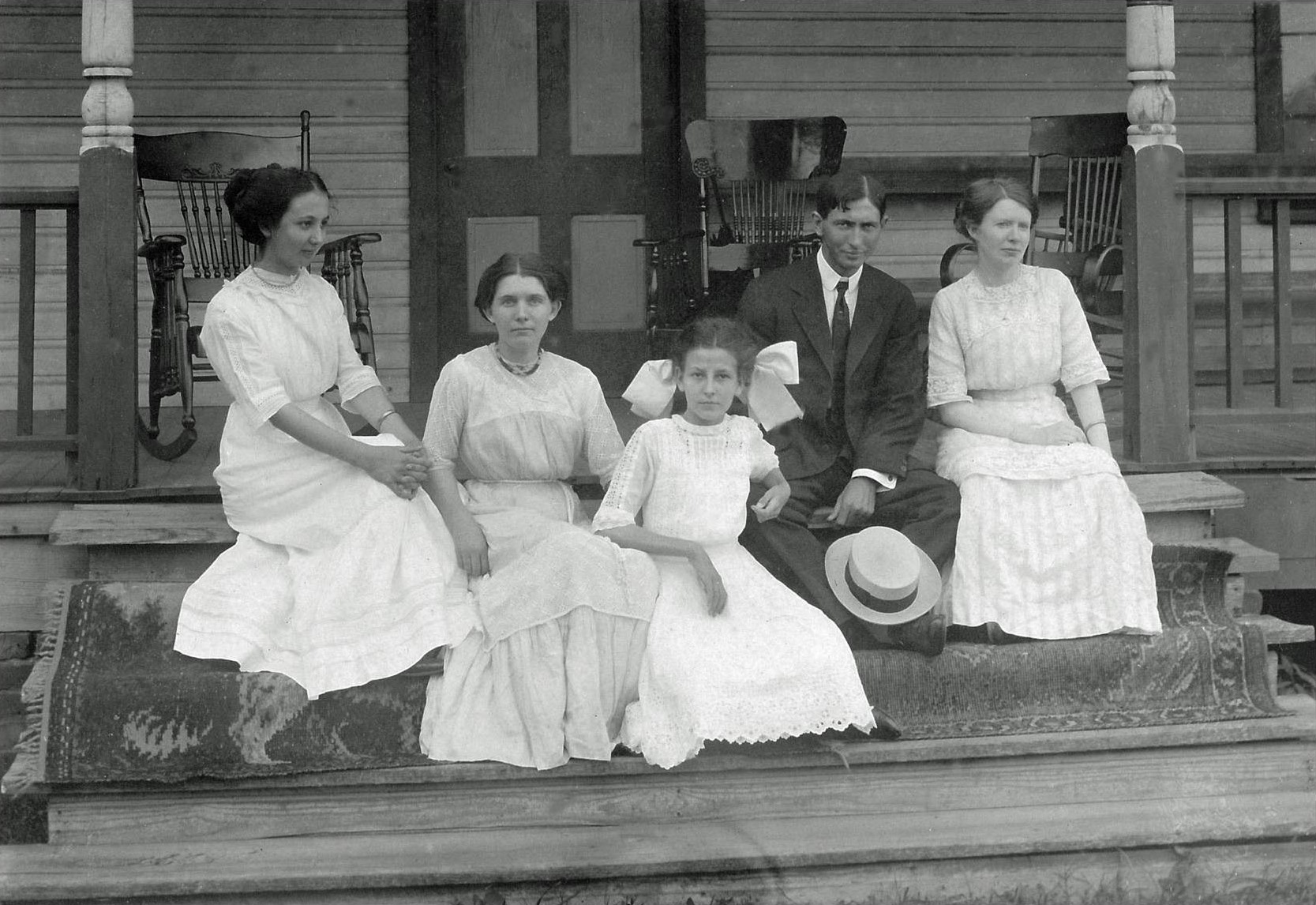 Another photo from the early 1900s of my great-aunts Mary Speer (second from left) and Irene Speer (on the right) along with friends Irene, Elva and Raphael Pourcoai, probably on the front porch of their house in Rankin County, Mississippi. View full size.
