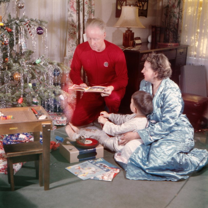 My father prided himself on the family Christmas card ... set, costumes and lighting all with dubious artistic merit. Our living room in Los Angeles. View full size.

