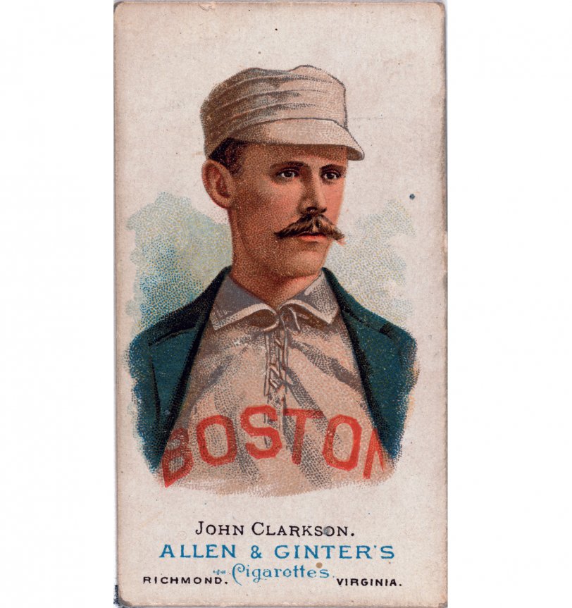 A baseball card for John Clarkson of the Boston Beaneaters. Issued by Allen &amp; Ginter Company, 1887. View full size.
