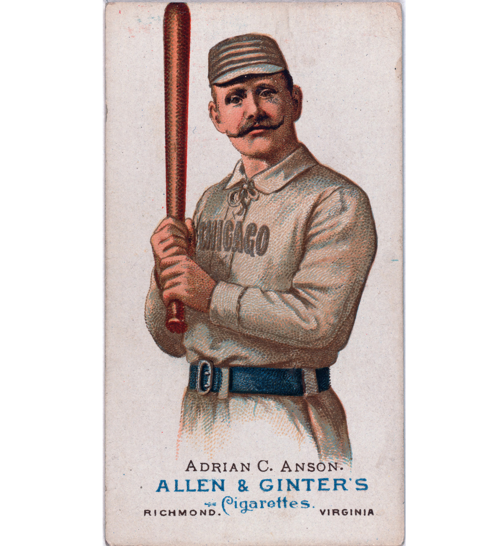 A baseball card for Adrian C. Anson, first baseman for the Chicago White Stockings. Issued by Allen & Ginter Company, 1887. View full size
