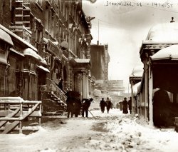 January 1908. "Snow storm, 14th Street, New York City." View full size. Glass negative, George Grantham Bain Collection. Lots of interesting signs in this one.