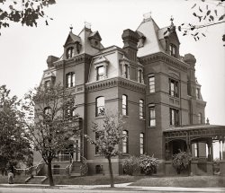 Washington circa 1900. "Jack Blaine residence." The imposing 1880s home of James Blaine, Republican from Maine and three-time presidential aspirant. The house, the only surviving example of the "castles" that once ringed Dupont Circle, is undergoing a major renovation. National Photo glass negative. View full size.
Continental Liar from the state of Maine"Blaine, Blaine, James G. Blaine, continental liar from the state of Maine!" was the rallying cry that led to Blaine's defeat for the Republican nomination in the 1876 presidential election. This lyrical accusation stemmed from Blaine's supposed involvement in a railway corruption scandal. He lost the nomination to Rutherford B. Hayes on the sixth ballot at the Republican convention. Hayes served for a promised single term, having proposed the idea of restricting presidents to a single six-year term.
John FraserCan't get enough John Fraser! To my taste, of the American architects working at the time, Fraser, Furness, and William Henry Miller came the closest to striking a perfect balance between simplicity and ornamentation.
2000 Mass AveDuring and before renovations:
View Larger Map
View Larger Map
Blaine MakoverIn addition to renovating the historic building, the project is adding additional space and underground parking to the east.  A recent photo of the back of the house is at DC Metrocentric.  When I first moved to DC, I often frequented the hardware store located on the ground floor of the south side of this building: the hardware store has since relocated due to the renovation.
BeehiveWow!!  In some countries, that would be accommodations for 25 families.
Blaine Mansion (color)Another image from the recently established  DC Library Flikr photostream.  In contrast to the posted Shorpy perspective from the NE, this view is looking from the SE.

(The Gallery, D.C., Natl Photo)