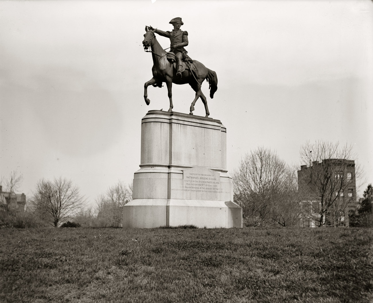 "Greene statue circa 1918." Henry Kirke Brown's bronze of the Revolutionary War hero Nathanael Greene, in a Washington, D.C., park or square whose name we can't quite remember. National Photo Company glass negative. View full size.