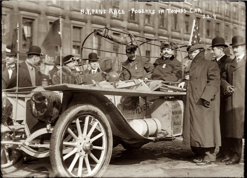 February 12, 1908. Montague Roberts in Times Square driving the Thomas Flyer at the start of the New York to Paris automobile race 100 years ago today. Five months later the car rolled into Paree and won, with considerable drama along the way. There's an entertaining account of the competition in the New York Times, which sponsored the event a century ago. View full size. 5x7 glass negative by George Grantham Bain, whose photos illustrate the NYT article.