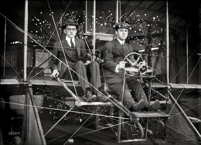 Washington, D.C., circa 1911. "Flights and test of Rex Smith biplane flown by Antony Jannus. The plane with Rufus R. Bermann, wireless operator, and Fred Aubert." Whose somewhat pixilated appearance can be attributed to mold on the emulsion. Harris &amp; Ewing Collection glass negative. View full size.

