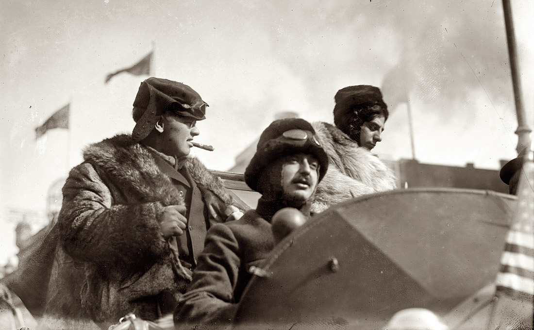 February 12, 1908. "Scarfoglio and companions in Zust car, New York," at the start of the New York to Paris automobile race of 1908, in which the contestants drove west across the continent to San Francisco, continued to Alaska by ship, took a steamer across the Bering Strait and continued the land journey in Siberia. View full size. 5x7 glass negative, George Grantham Bain Collection. Below, the competition itinerary as printed in the January 26, 1908, New York Times.

