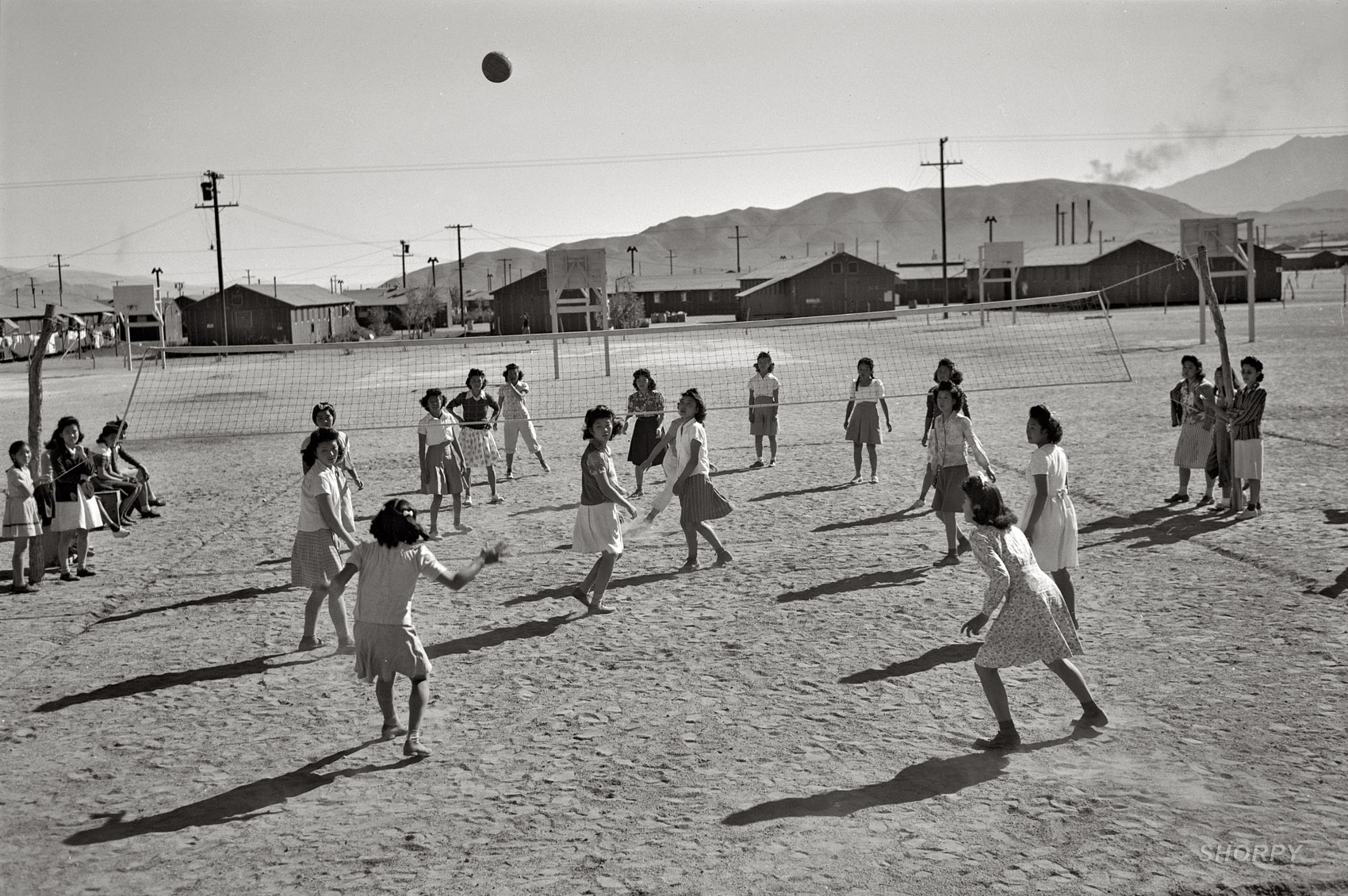 1943. "Manzanar Relocation Center, California. Japanese-American women playing volleyball." 4.5 x 3 inch nitrate negative by Ansel Adams. View full size.