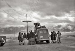 "Loading bus, leaving Manzanar for relocation. Manzanar Relocation Center, California." Large format nitrate negative by Ansel Adams. View full size.