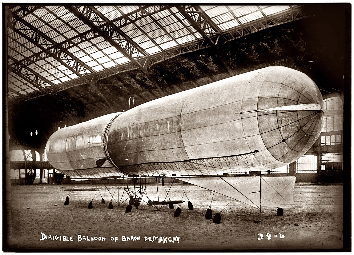 "Dirigible Balloon of Baron deMarcay," circa 1908. View full size. G.G. Bain.