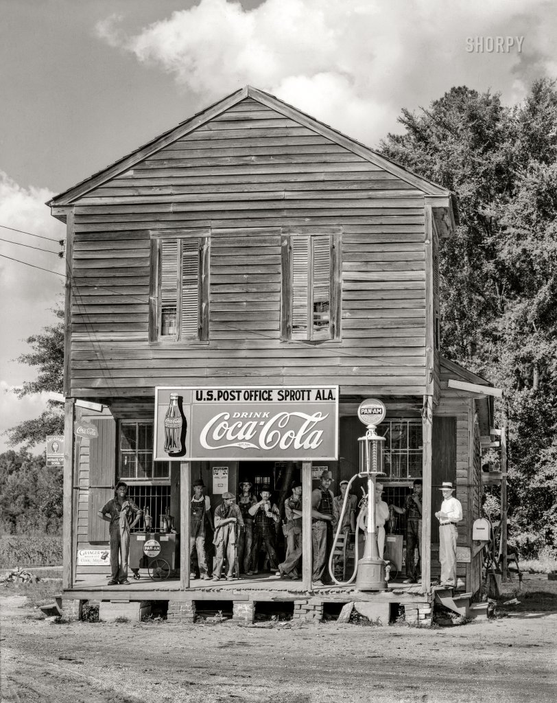 August 1936. "Crossroads store at Sprott, Alabama." 8x10 inch acetate negative by Walker Evans for the Resettlement Administration. View full size.