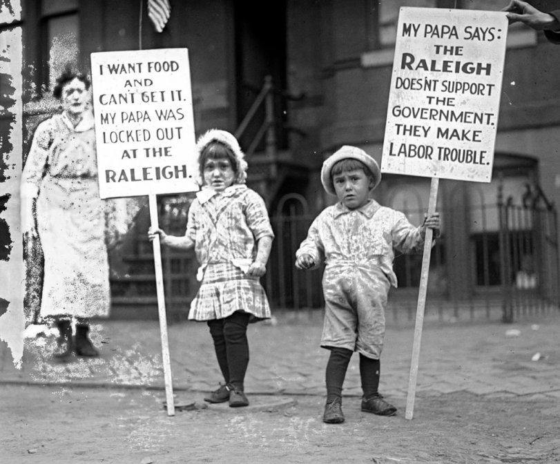 Children picket at a waiters strike at the Raleigh Hotel in Washington, D.C. From the National Photo Company collection, between 1918 and 1920. View full size.

