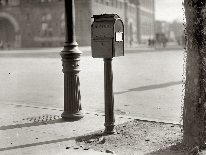 Washington, 1911. "Post Office Department mail box." In front of the Old Post Office building. Harris &amp; Ewing Collection glass negative. View full size.
