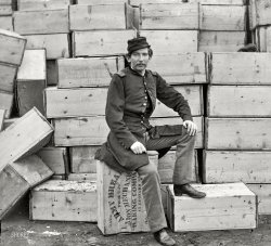 February 1863. "Captain J.W. Forsyth, provost marshal, Aquia Creek, Virginia." An army marches on its stomach, and the stomach's boots are made of dough. Or something like that. Wet plate glass negative. View full size.