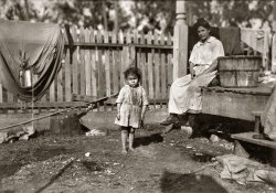 February 1911. Biloxi, Miss. "Alma Croslen, 3, daughter of Mrs. Cora Croslen, of Baltimore. Both work at Barataria Canning Co. (shucking oysters). The mother said, 'I'm learnin' her the trade.'" Photo by Lewis Wickes Hine. View full size.