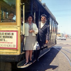 Catherine and Joseph Vecchio on vacation in San Francisco (on the way to Hawaii), 1965. View full size.
Everybody smiled for a picture!What a great shot of typical SF visitors. I like how the lady to the left is smiling, too!
Radio AdNote:  NEWS AND CONVERSATION STATION, today, aka NEWS AND TALK RADIO>
(ShorpyBlog, Member Gallery)