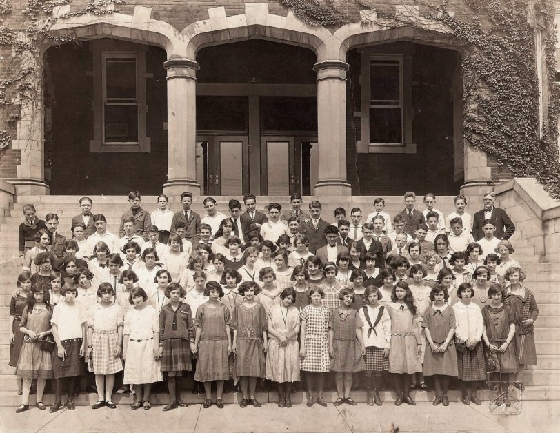 This photo was found in a large box of photographs that I purchased from a dealer in Cincinnati. On the back it is marked "8th Grade Class Avondale School." Avondale is a neighborhood just north of downtown Cincinnati. The neighborhood was largely Jewish until the late 60's/early 70's when the Jewish population migrated to suburbs even further north.  Judging from the bobbed hair and clothes I'm identifying it as being from the 1920's. View full size.
