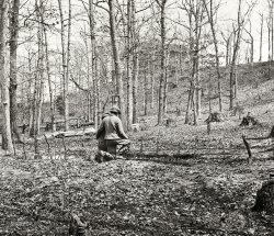 Prince William County, Virginia. "Along Bull Run near Sudley Church. March 1862." Each of the dozen or so sticks lined up in front of the boys marks a grave. Wet plate glass negative by George N. Barnard. View full size.