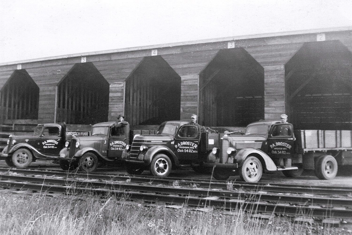 Coal bins, Burke Station, Wisconsin, c.1940. Droster Coal, run by my great-uncles. View full size.