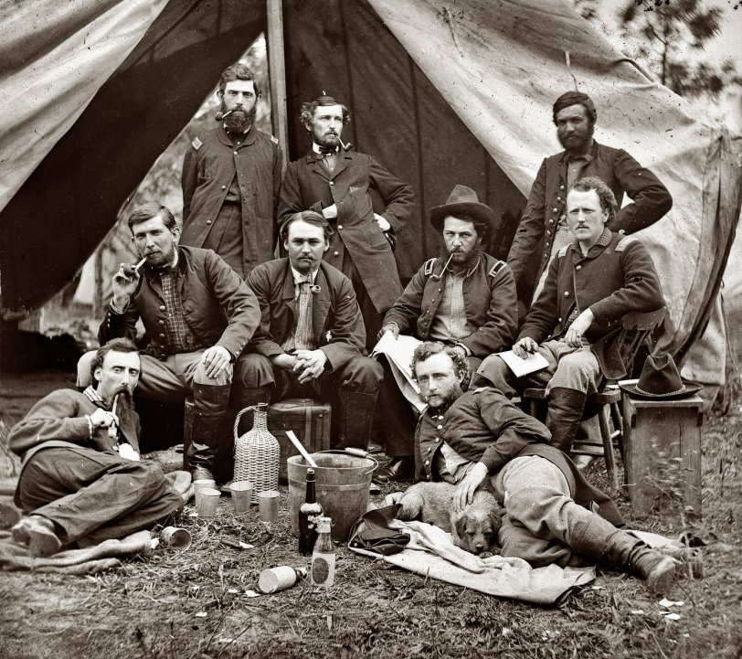 May 20, 1862. "The Peninsula, Virginia. The staff of Gen. Fitz-John Porter; Lts. William G. Jones and George A. Custer reclining." Photographs from the main Eastern theater of war: the Peninsular Campaign, May-August 1862. Wet plate glass negative, half of stereograph pair, by James F. Gibson. View full size.
