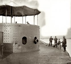 July 9, 1862. Deck and turret of U.S.S. Monitor on the James River, Virginia. From photographs of the Federal Navy, and seaborne expeditions against the Atlantic Coast of the Confederacy. Wet collodion glass negative, left half of stereo pair. Photographed by James F. Gibson. View full size.