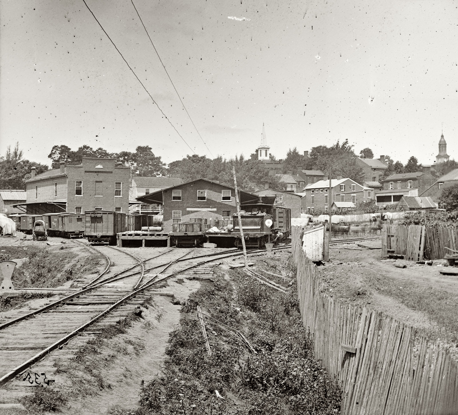 August 1862. "Culpeper Court House, Virginia. Railroad depot." Photographs from the main Eastern theater of war, Bull Run, second Battle of Bull Run. Wet plate negative, half of stereo pair, by Timothy O'Sullivan. View full size.