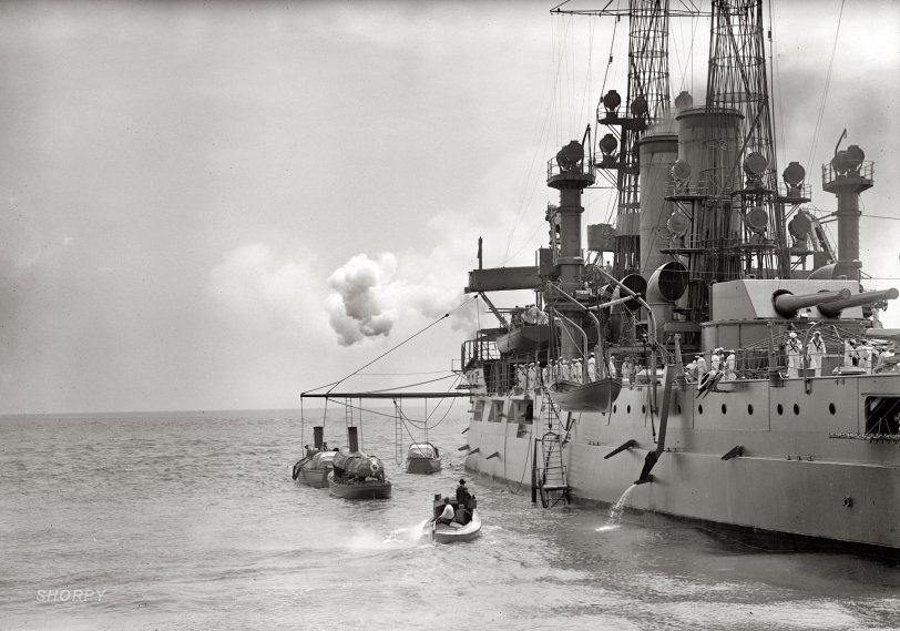 1912. "German port call. U.S. battleship in Hampton Roads to greet German squadron." Harris &amp; Ewing Co. glass negative. View full size | More here.
