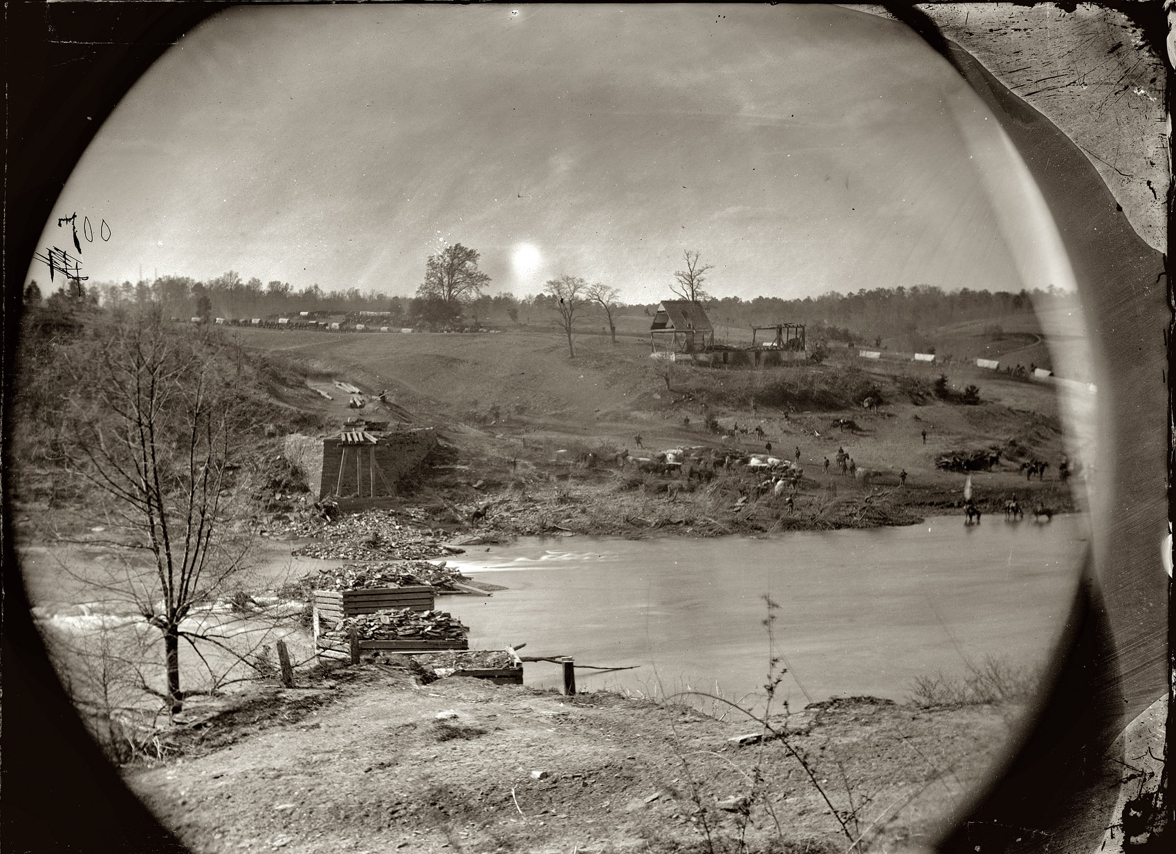 May 1864. "Rappahannock River, Virginia. Ruins of bridge at Germanna Ford, where the troops under General Grant crossed May 4." Wet plate glass negative by Timothy O'Sullivan. View full size. (Though the caption on the negative sleeve says Rappahannock, Germanna Ford seems to have been on the Rapidan River.)