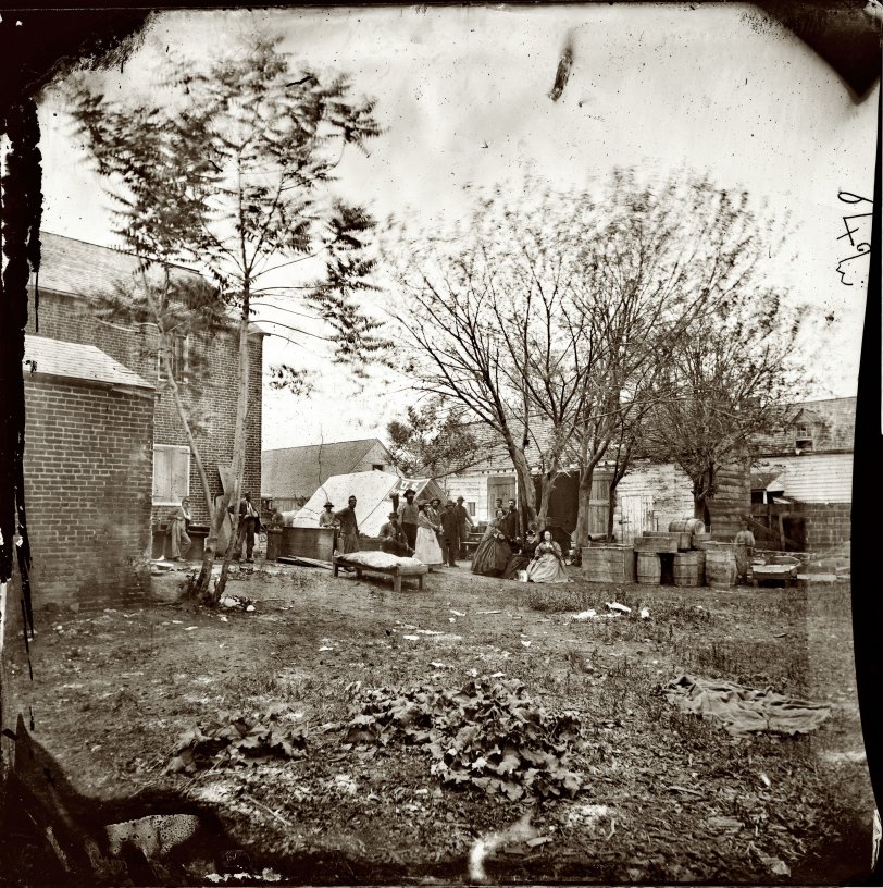 The full-size version of this is a kind of portal to the past. "May 1864. Fredericksburg, Virginia. Cooking tent of the U.S. Sanitary Commission." Photograph from the main Eastern theater of war, Grant's Wilderness Campaign, May-June 1864. Wet plate glass negative by James Gardner. View full size.