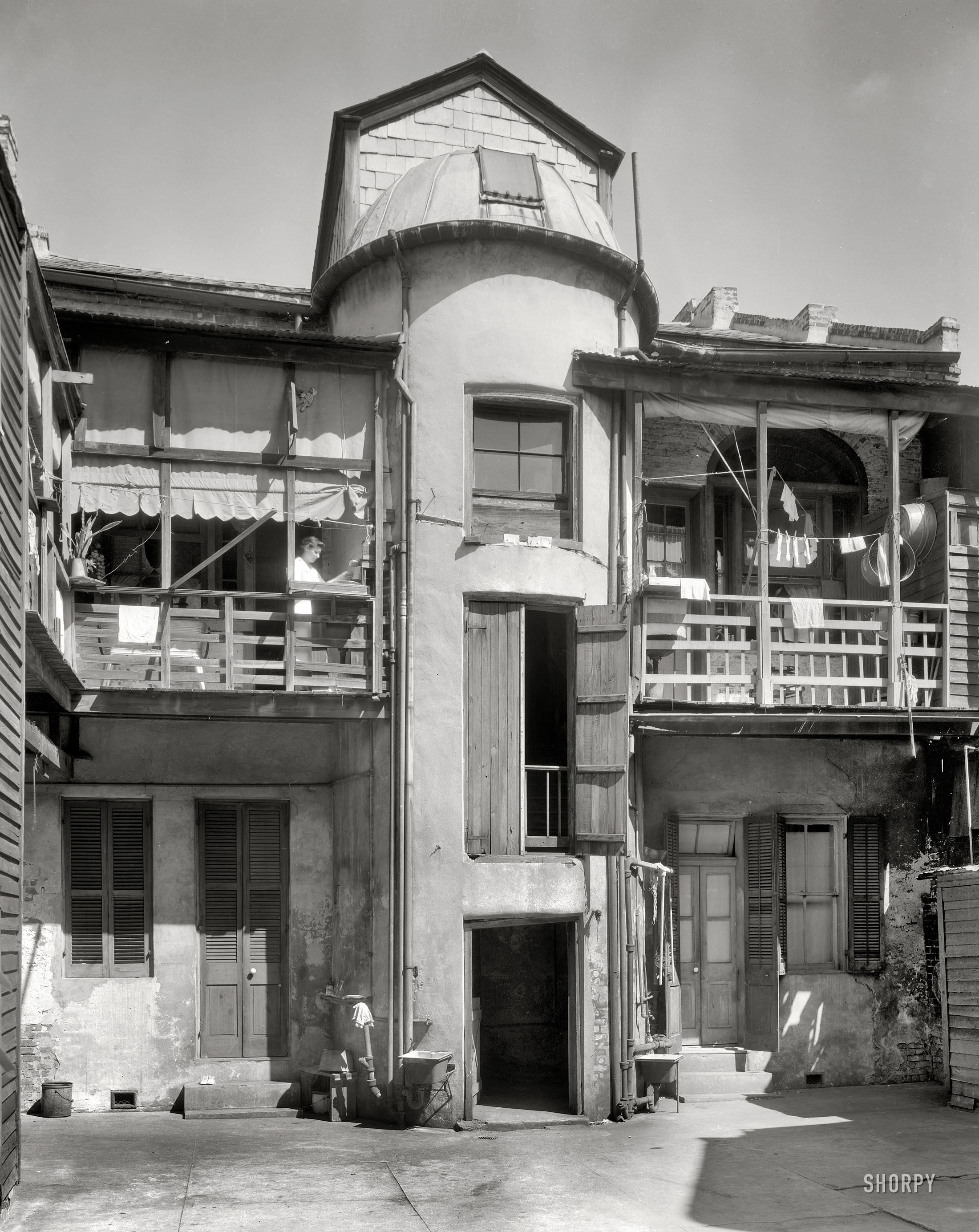 New Orleans circa 1937. "The Tower, 1015 Chartres Street." 8x10 inch negative by Frances Benjamin Johnston, channeling Jimmy Stewart. View full size.