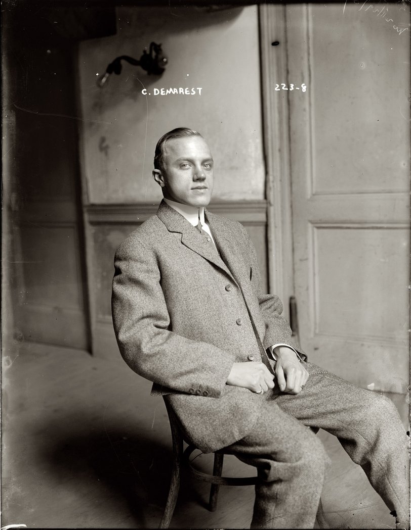 Photo of: Tipping Point: 1909 -- New York, 1909. Balkline billiards champion Calvin Demarest, six years before he was committed to an insane asylum after attacking his wife with a knife. He died in 1925 at the age of 37. View full size. 8x10 glass negative, George Grantham Bain Collection. You can see Calvin in action at the pool table here.