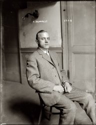 New York, 1909. Balkline billiards champion Calvin Demarest, six years before he was committed to an insane asylum after attacking his wife with a knife. He died in 1925 at the age of 37. View full size. 8x10 glass negative, George Grantham Bain Collection. You can see Calvin in action at the pool table here.