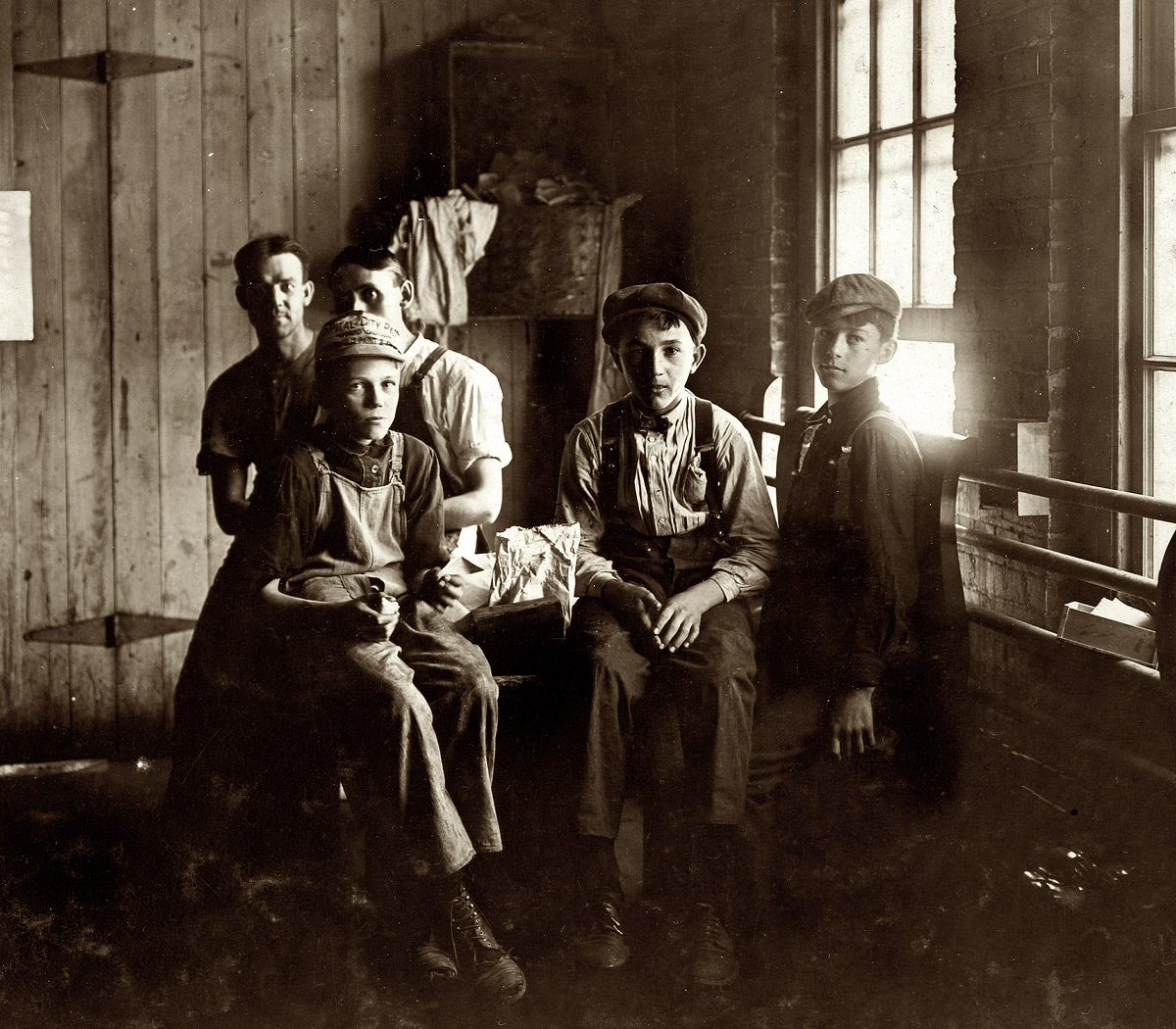 August 1908. "Noon hour in an Indianapolis furniture factory. Witness, E.N. Clopper." View full size. Photo and caption by Lewis Wickes Hine.