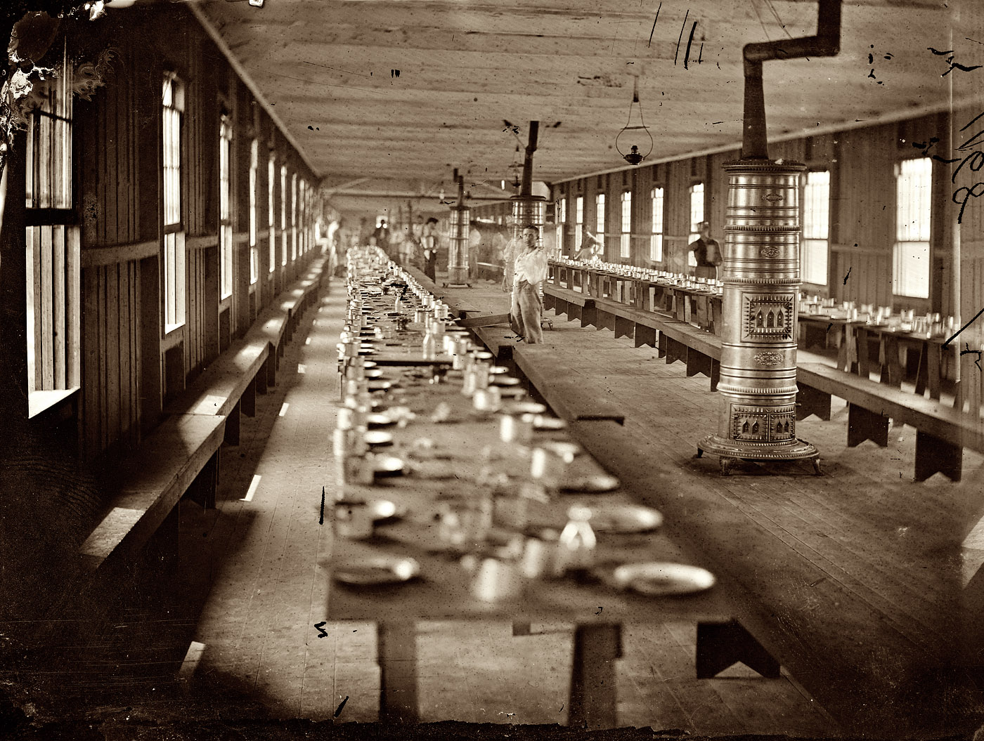 Washington circa 1863. "Mess hall at Harewood Hospital, heated by elaborate stoves." 3x4 glass-plate stereograph, photographer unknown. View full size.