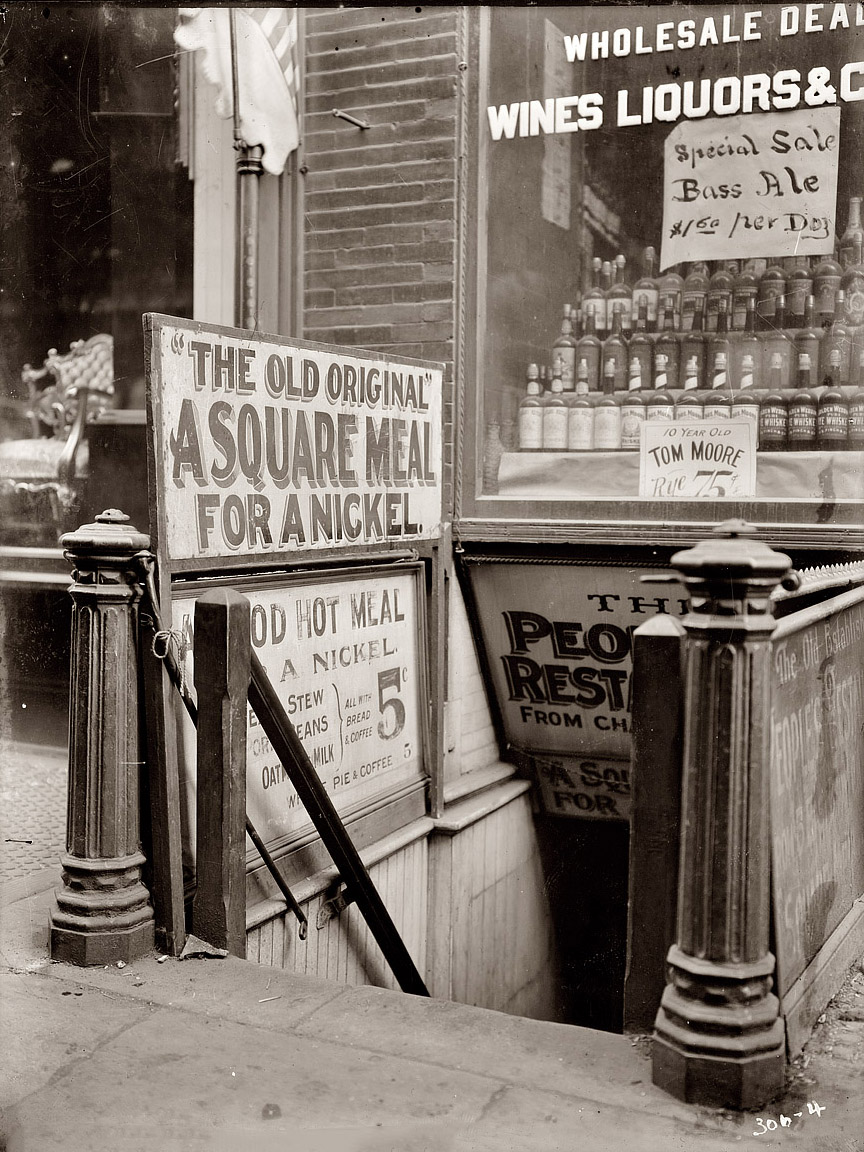5 cent restaurant in New York's Bowery circa 1910. View full size. 8x10 glass negative, G.G. Bain Collection. What you get for your 5 cents at the People's Restaurant: Stew, Pork & Beans, Oatmeal & Milk. "All with bread & coffee."
