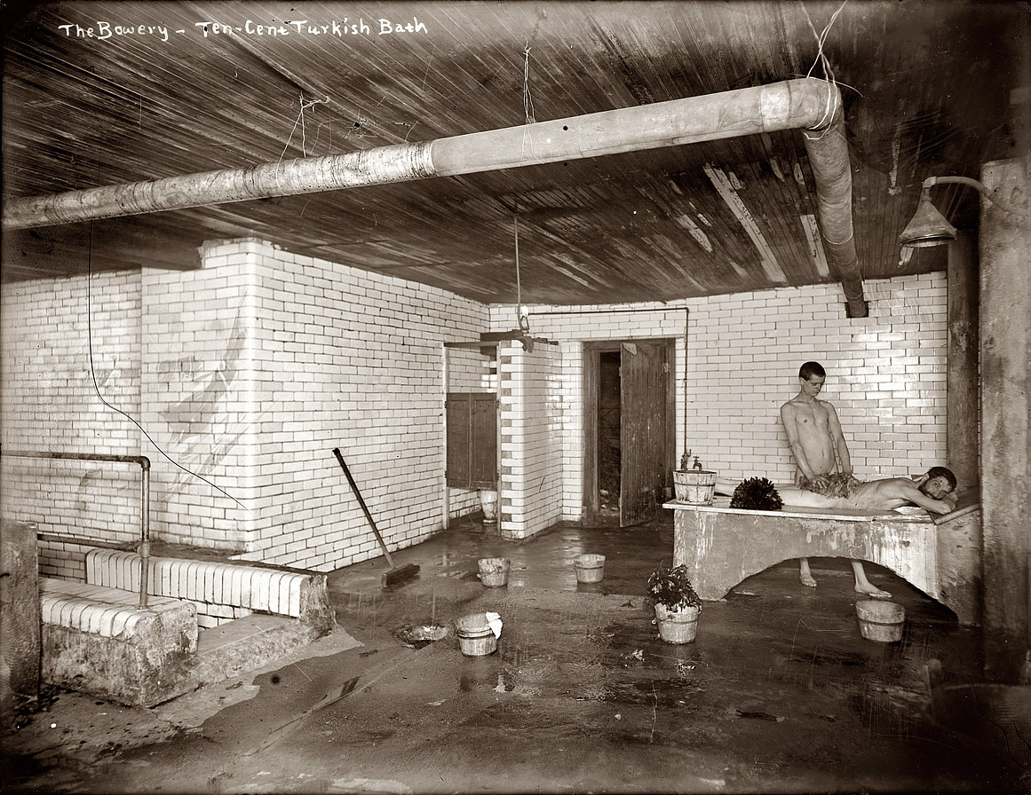 10-cent Turkish bath in New York's Bowery district circa 1910. 8x10 glass negative, George Grantham Bain Collection, Library of Congress. View full size.