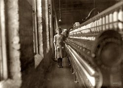 November 1908. Lincolnton, North Carolina. "Daniel Mfg. Co. Girl beginning to spin. Many of these there." Photograph by Lewis Wickes Hine. View full size.
