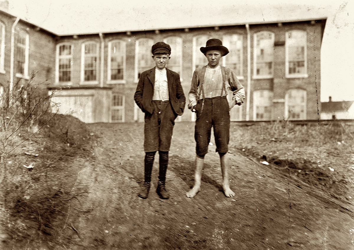 November 1908. Wylie Mill at Chester, S.C. Willie Crocker (barefoot), 13 yrs. old -- "worked since I was 6." Lost part of finger in gear of machinery. Fred Crocker, 11. One year in mill." View full size. Photo and caption by Lewis Wickes Hine.