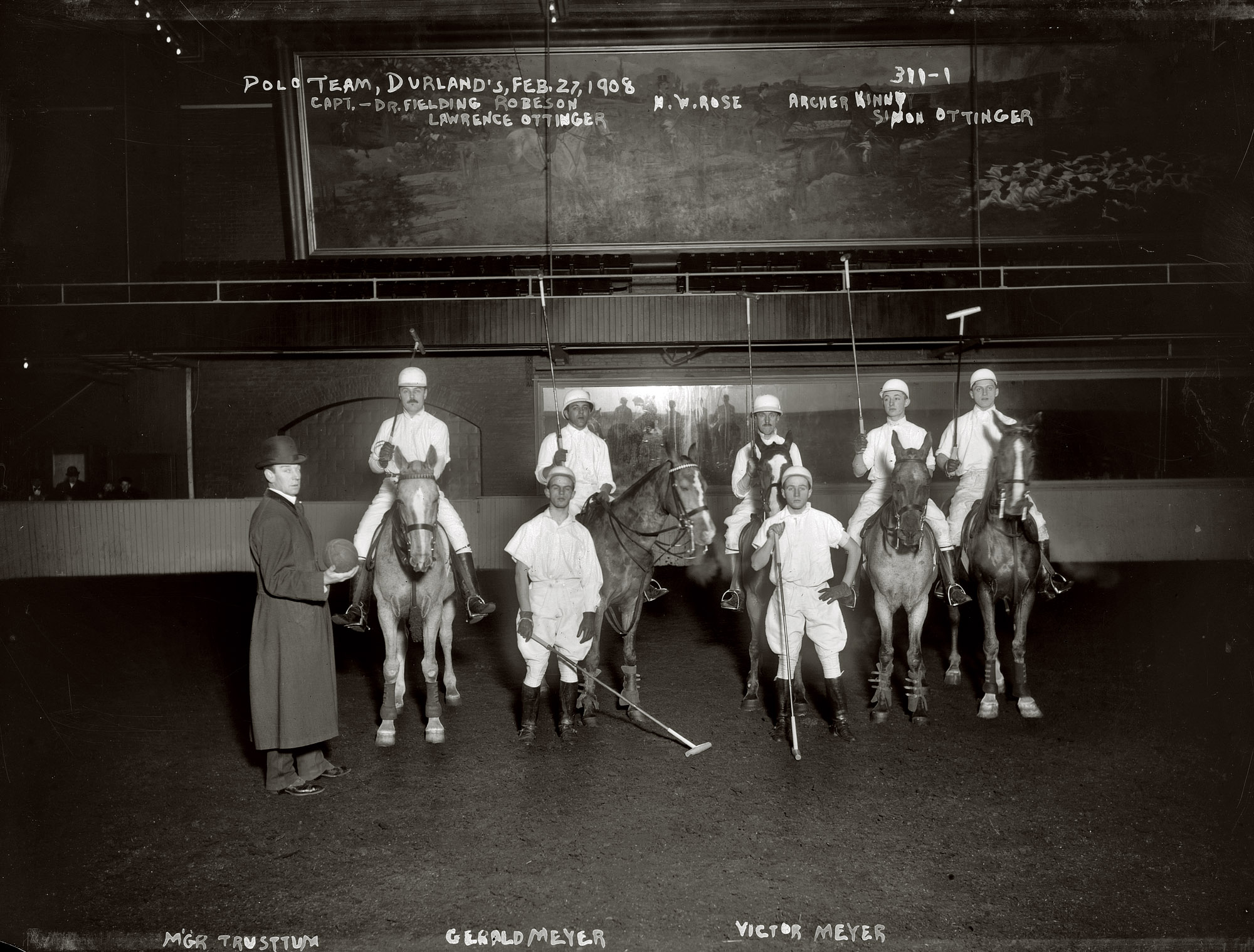 "Polo Team, Durland's Riding Academy, 1908: Cpt. Dr. Fielding Robeson, N.W. Rose, Archer Kinney, Lawrence & Simon Ottinger, Mgr. Trusttum, Gerald & Victor Meyer." 8x10 glass negative, G.G. Bain Collection. View full size.