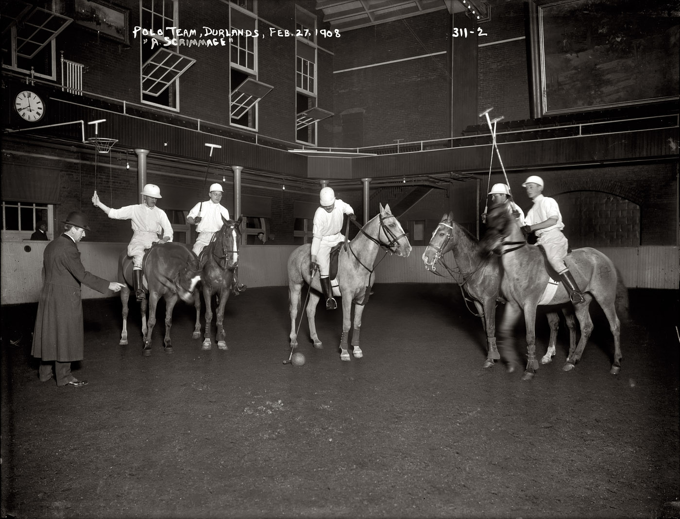 Feb. 27, 1908. "A scrimmage." Polo team at Durland's Riding Academy in New York. View full size. 8x10 glass negative, George Grantham Bain Collection.
