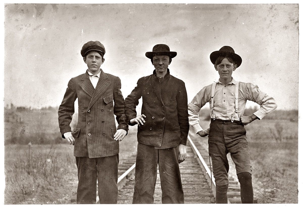 November 29, 1908. Boys working in the Eureka Cotton Mills at Chester, South Carolina. Rob Dover (tallest boy) has been in mill eight or nine years. Melvin Reilly (middle) in mill one year. Boyd McKowan is about 15 years old. Been in mill five years. Witness Sara R. Hine. View full size. Photo by Lewis Wickes Hine.