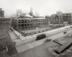 "College of City of New York." Circa 1908 glass negative showing street repairs and trolley on a foggy day. George Grantham Bain Collection. View full size.