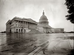 1908. The East Front of the U.S. Capitol, with the Washington Monument at left. View full size. 8x10 glass negative, George Grantham Bain Collection.
Out to LunchWhat a great shot, amazing there's no cars or people in the shot except for the carriage on the left. Wonder if you could do the same today.
LandscapingWhat surprises me in this photo is the lack of landscaping near the building.  It's just a sea of concrete.  Even if you could drive close enough to the building for Google Street View to have a comparable shot, I think there would still be trees in the way.  For once I like the current view better!
View Larger Map
(The Gallery, D.C., G.G. Bain)