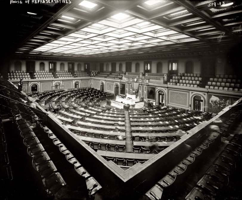 House Chamber of the Capitol circa 1908, with a quorum of ghosts in this time exposure. View full size. 8x10 glass negative, George Grantham Bain Collection.
