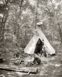Connecticut circa 1908. "A tepee, Wyndygoul -- Camp Flying Eagles." Camping on the estate of Ernest Thompson Seton, one of the founders of the Boy Scout movement. 8x10 glass negative, G.G. Bain Collection. View full size.