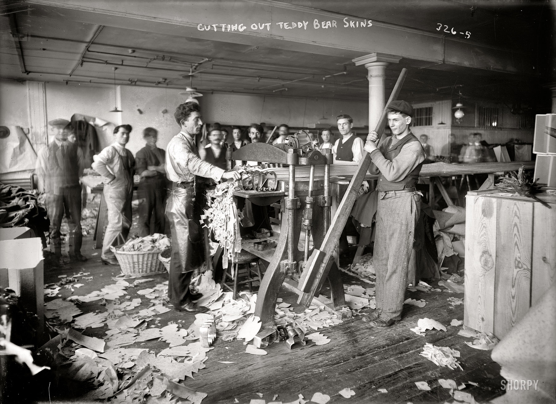 New York circa 1908. "Cutting out teddy bear skins." 8x10 glass negative, George Grantham Bain Collection. View full size.