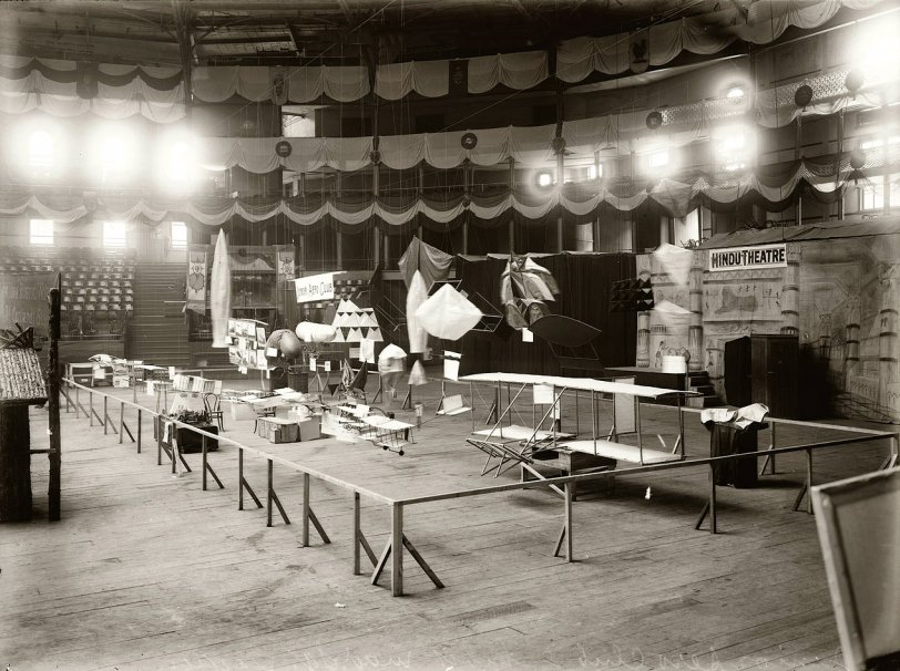 "Junior Aero Club" exhibit at Madison Square Garden toy show, 1908. Airplanes, zeppelins, kites etc. George Grantham Bain Collection. View full size.