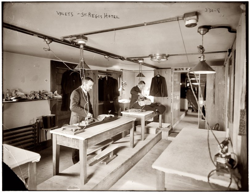 Photo of: The Ironers: 1910 -- Valets pressing coats with electric irons at the St. Regis Hotel in New York circa 1910. 8x10 glass negative, George Grantham Bain Collection. View full size.