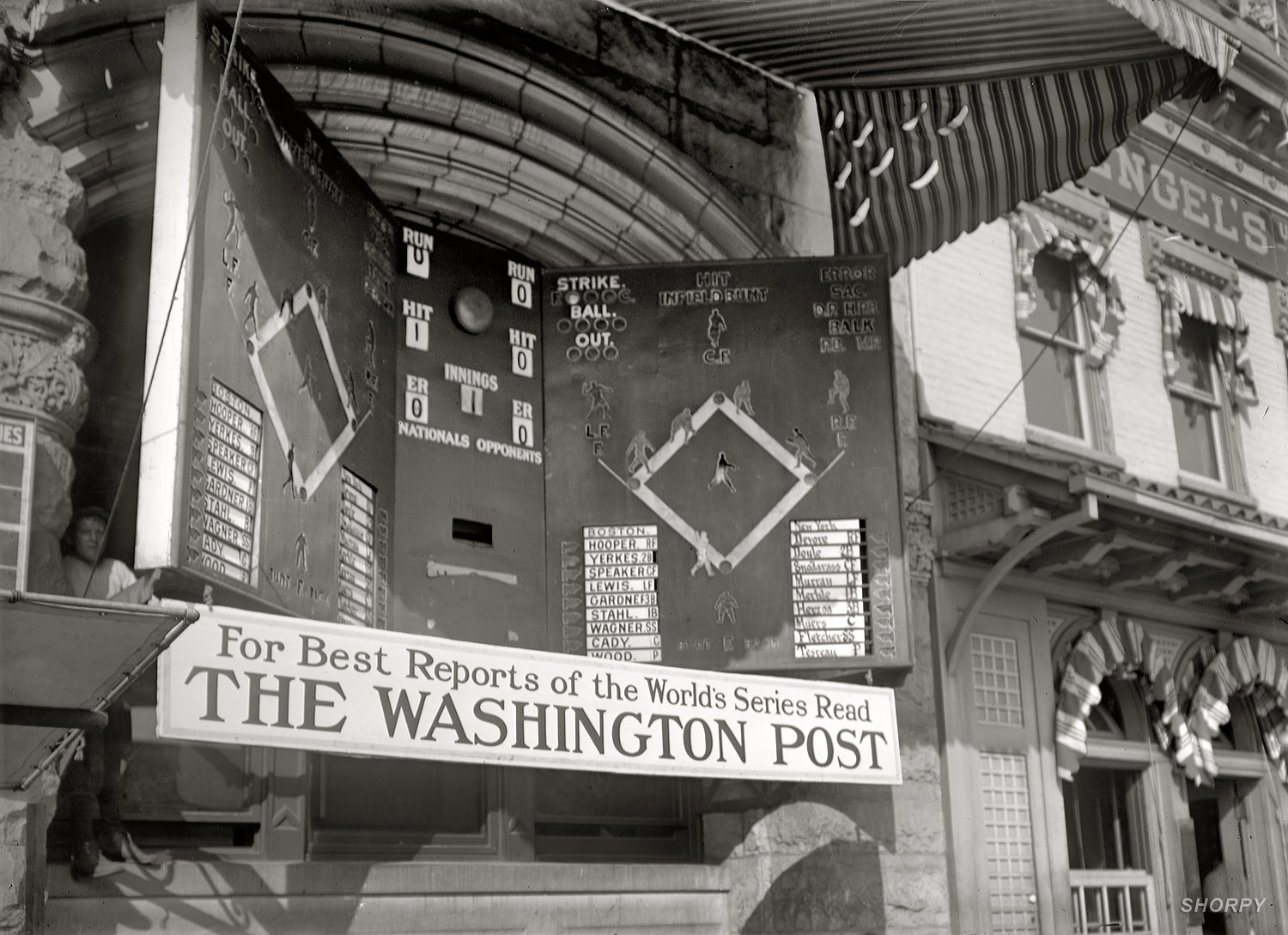 October 1912. Washington, D.C. "Baseball, Professional. Electric scoreboard." A close-up of the "baseball game reproducer" from the previous post showing results of the 1912 World Series between New York and Boston to crowds on a Washington street. Harris & Ewing Collection glass negative. View full size.