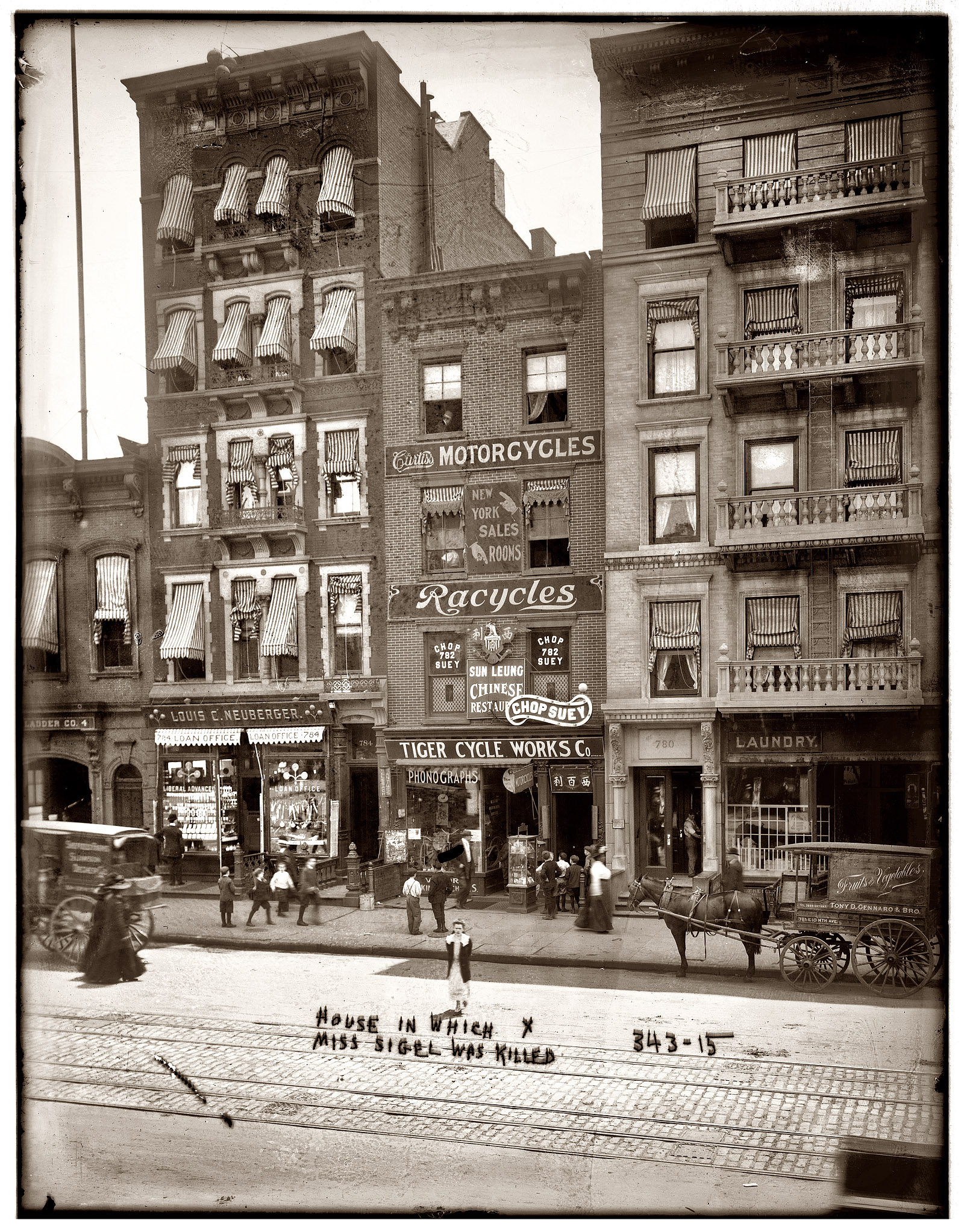 "House in which Miss Sigel was killed." The building at 782 Eighth Avenue in New York where the body of Elsie Sigel was found in a trunk. Click here for another view (of different buildings?) and more information on a very cold case from 1909. View full size. George Grantham Bain Collection.
