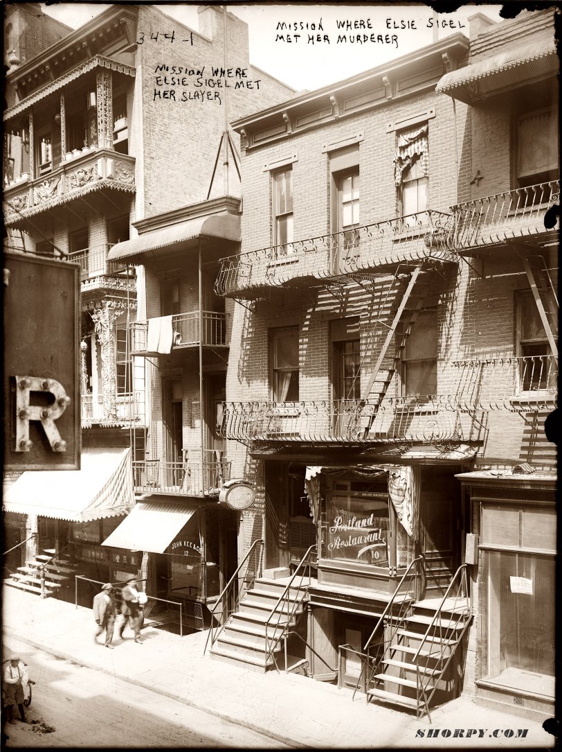 "Mission where Elsie Sigel met her slayer." Photograph circa 1915. The body of the 19-year-old missionary, granddaughter of Civil War hero Franz Sigel, was found in 1909 bound in a trunk in her lover Leon Ling's fourth-floor apartment at 782 Eighth Avenue in New York, next to the Chinese restaurant where he was a waiter. Ling disappeared, and the crime remains officially unsolved. View full size. Read more about this notorious murder here (continued here). 8x10 glass negative, George Grantham Bain Collection.
